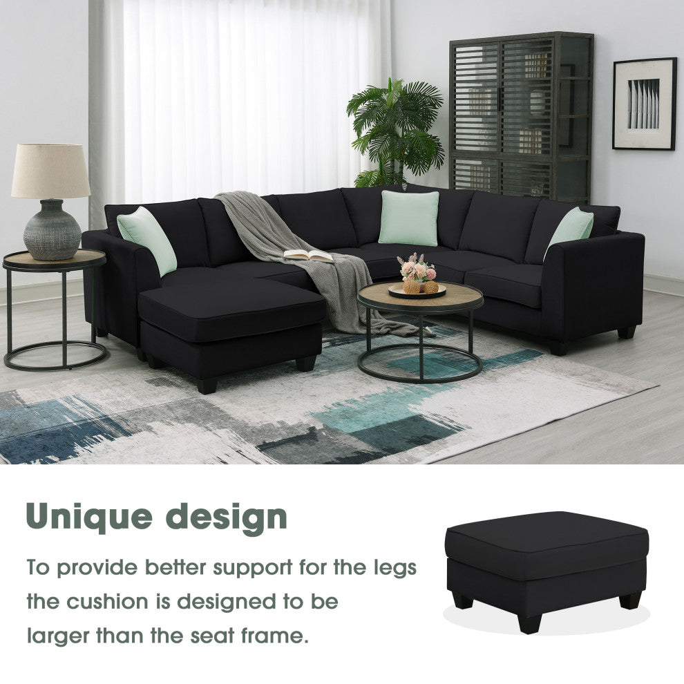 7-Seat Fabric Modular Sectional Sofa Couch Set with Ottoman and Pillows, Black