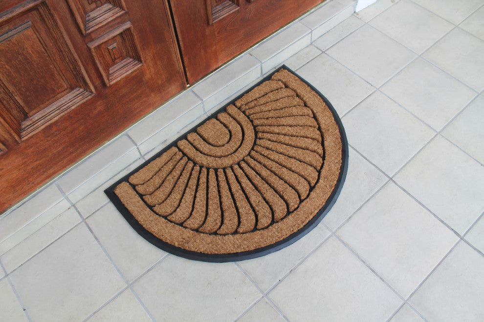 Sunburst Half Moon Mat, Tapered Edge, Black, Rubber and Coir, 24"x36"