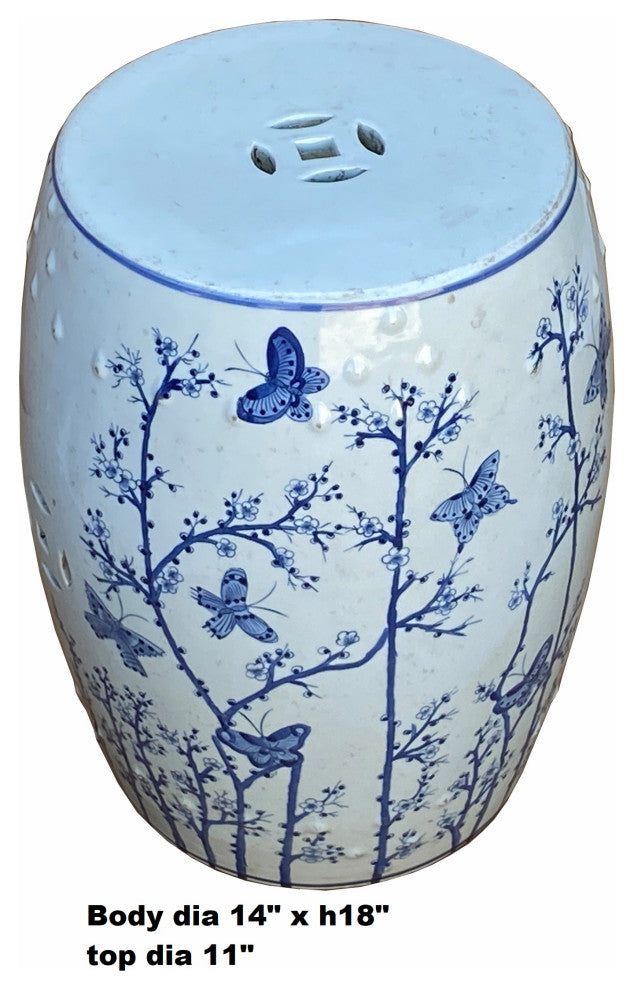 Chinese Blue & White Porcelain Round Flower Butterflies Table Stool Hcs7003