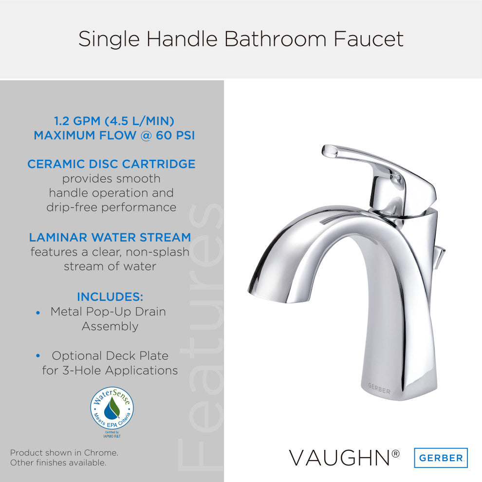 Vaughn Single Handle Lavatory Faucet w/ Metal Pop-Up Drain Chrome, Brushed Bronze