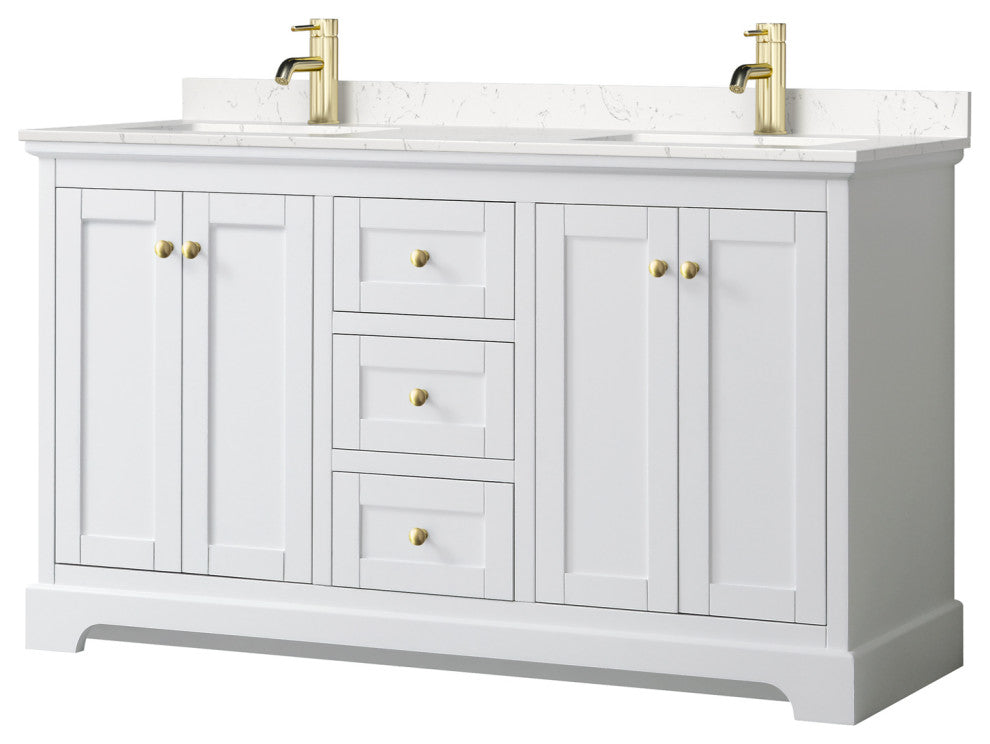60"DBL Vanity White, Light-Vein Carrara Cult. Marble Top, Sinks, Gold Trim