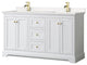 60"DBL Vanity White, Light-Vein Carrara Cult. Marble Top, Sinks, Gold Trim