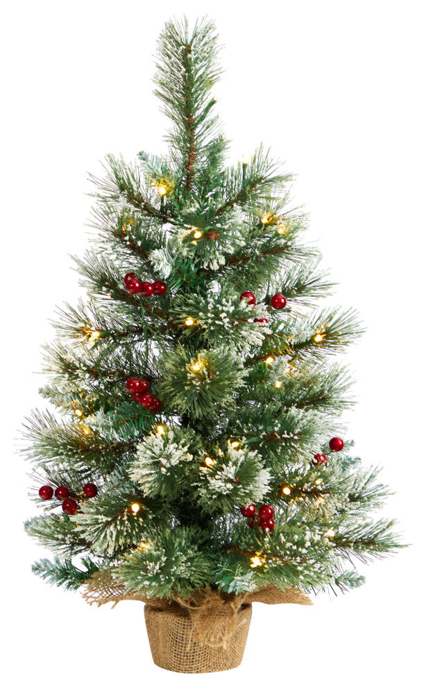 2' Snow Tipped Pine and Berry Artificial Christmas Tree With 35 White LED Lights