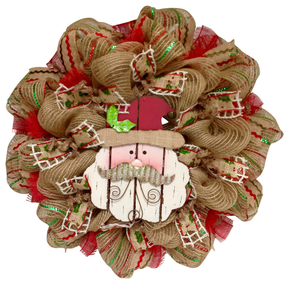 Adorable Wood Santa with Metal Mustache Deco Mesh Wreath