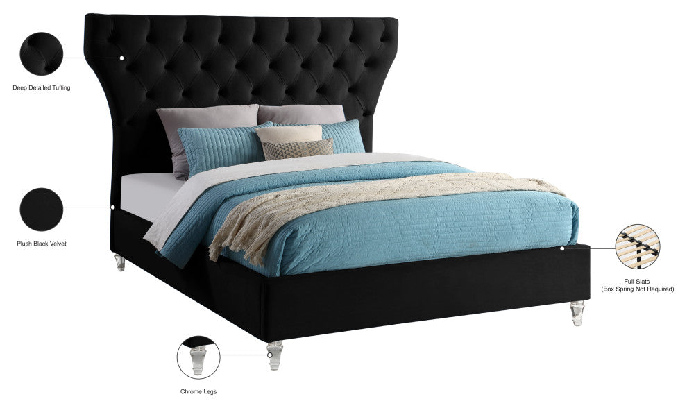 Kira Velvet Upholstered Bed, Black, Queen