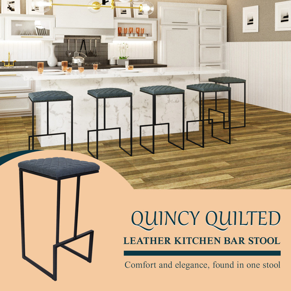 Quincy Square Barstool with Leather Seats and Metal Frame with Footrest, Peacock Blue