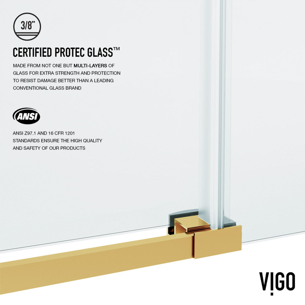 VIGO Hamilton Frameless Sliding, Matte Brushed Gold, Tub Door, 56" to 60" W X 68" H, Clear Glass
