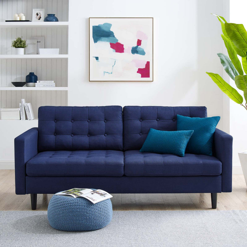 Tufted Sofa, Fabric, Dark Blue, Modern, Living Lounge Hotel Lobby Hospitality