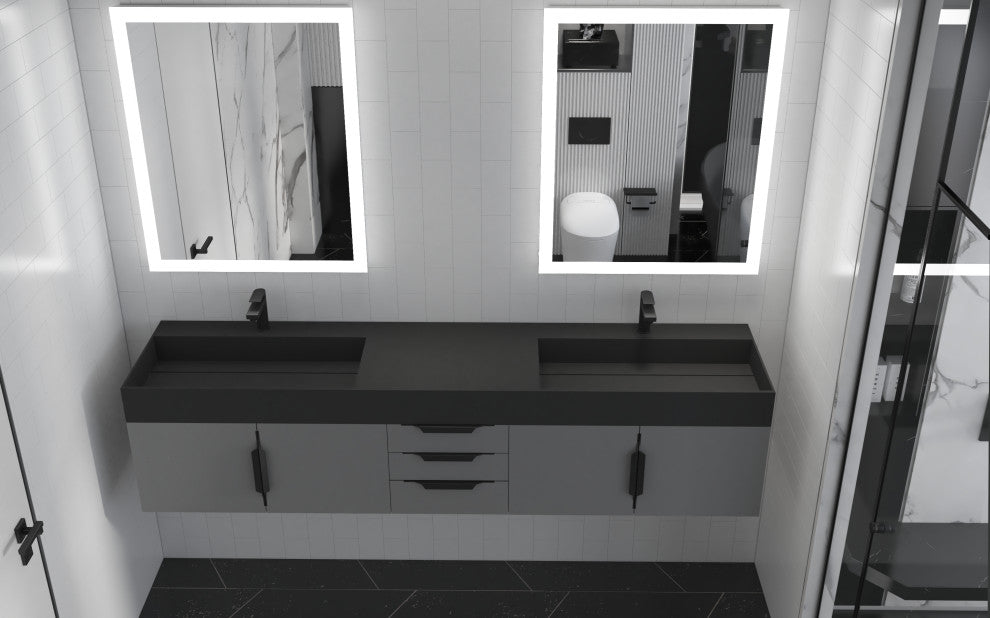 CastelloUSA Amazon 84" Wall Mounted Bathroom Vanity Set, Gray, Black Top, Black Handles