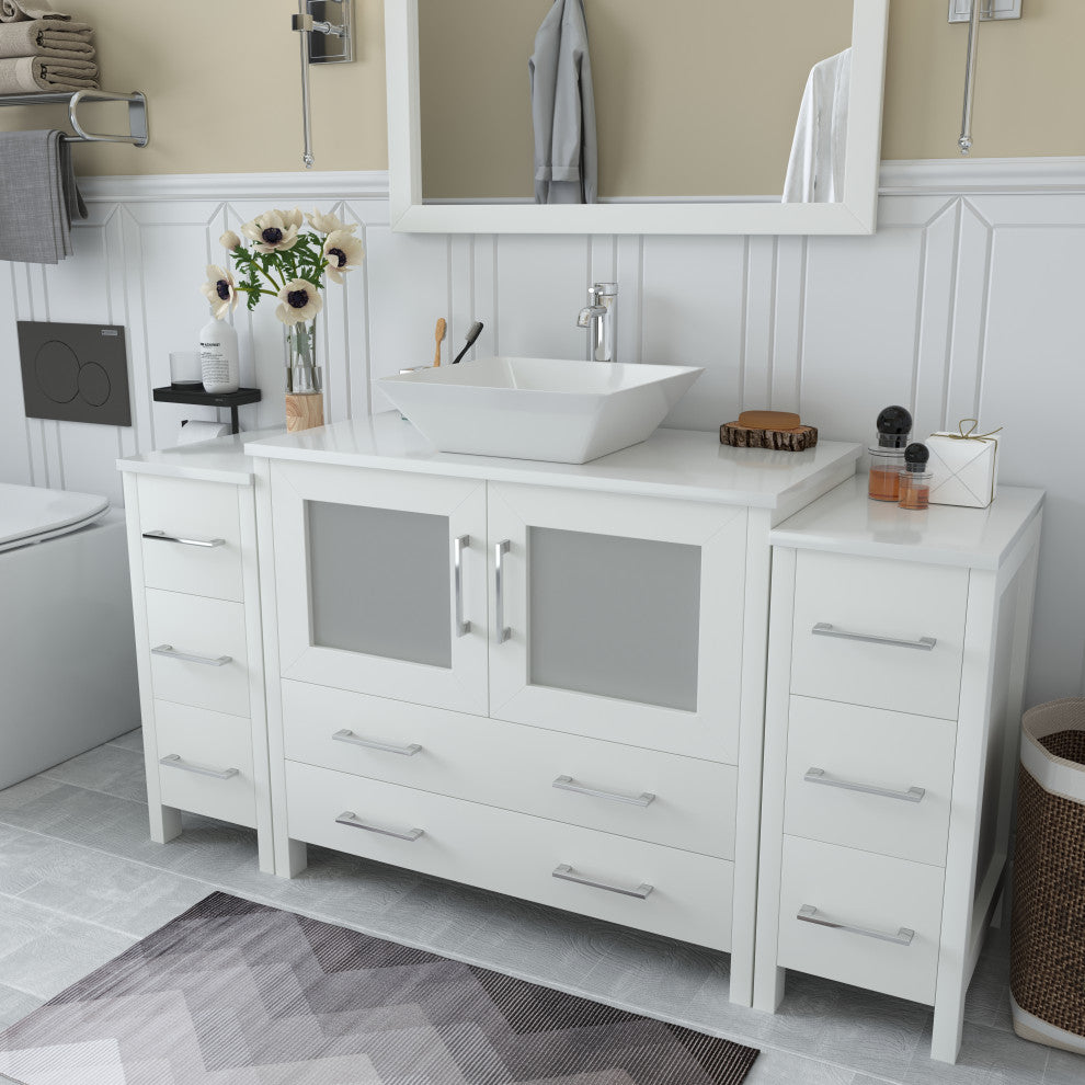 Vanity Art Vanity Set With Vessel Sink, White, 60", Standard Mirror