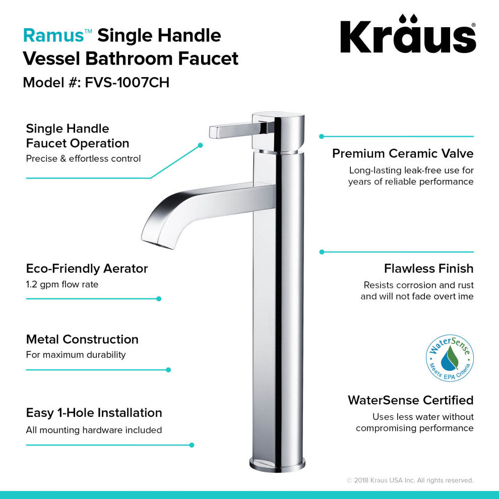 Elavo Square Ceramic Vessel Sink, Bathroom Ramus Faucet, PU Drain, Chrome
