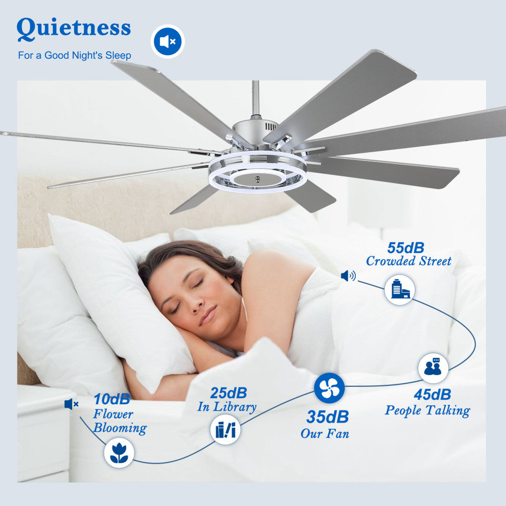 72" Large Ceiling Wood Blade Fan w LED Lights and Remote, Chrome