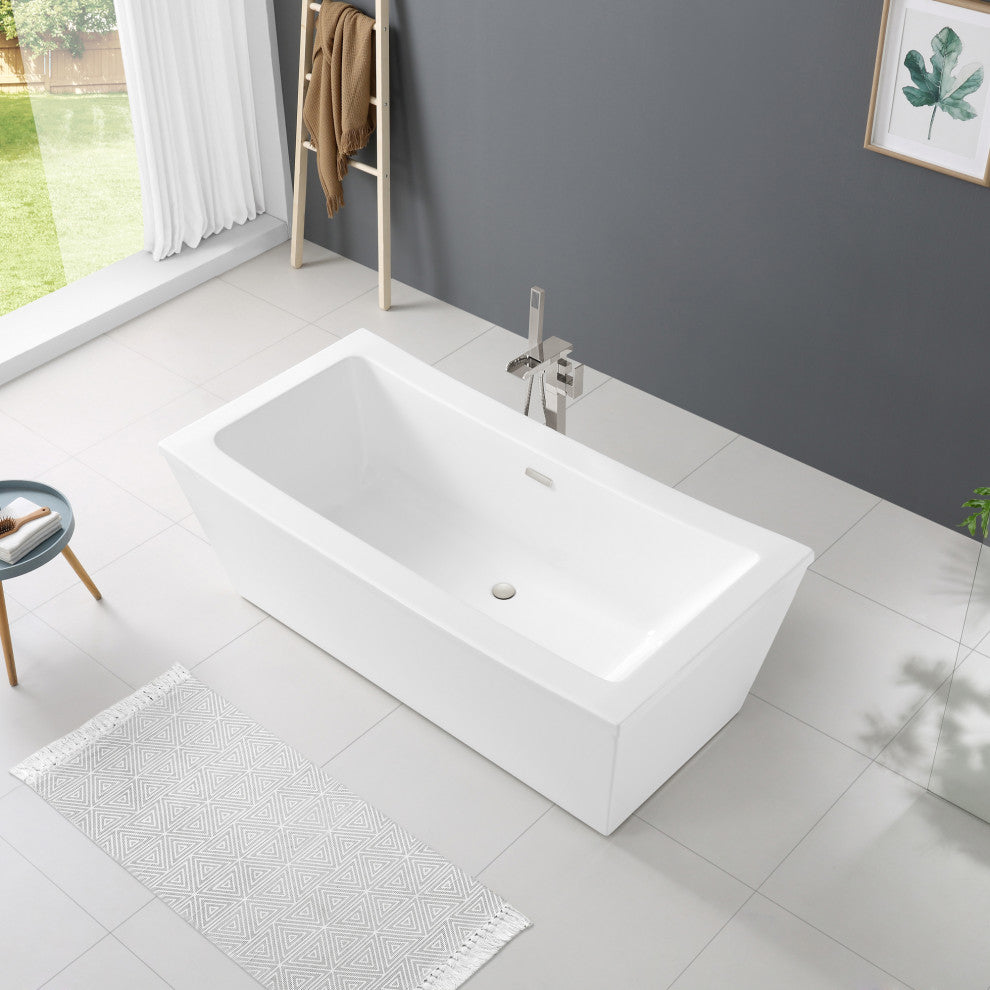 OVE Decors Terra 70" White Acrylic Bathtub, Satin Nickel and Chrome Hardware