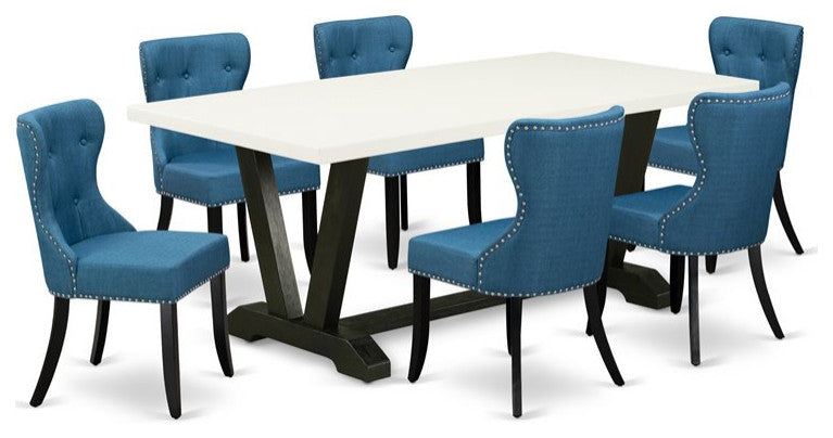 V627Si121-7, 7-Piece Dinette Set, 6 Chairs, Table Top and Wooden Legs