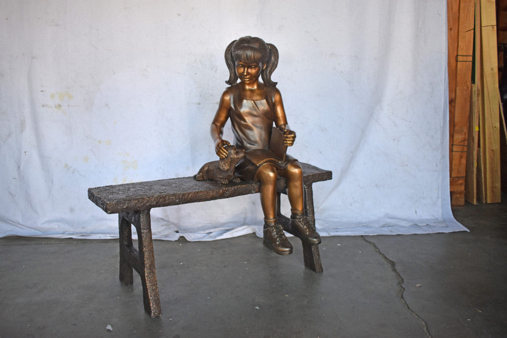Young Girl with Her Puppy on Bench Reading Bronze Statue, Size 37" x 17" x 38"