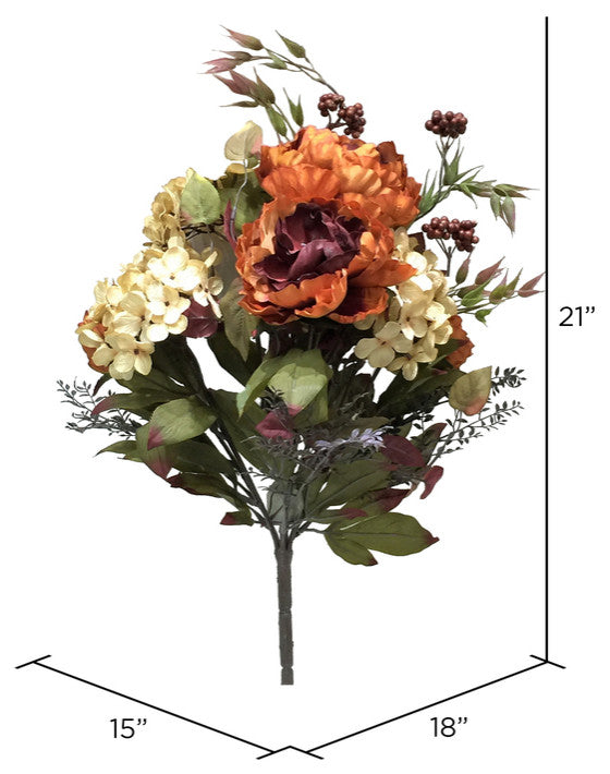 Vickerman 21" Peony and Hydrangea Bush, Dark Orange, Cream