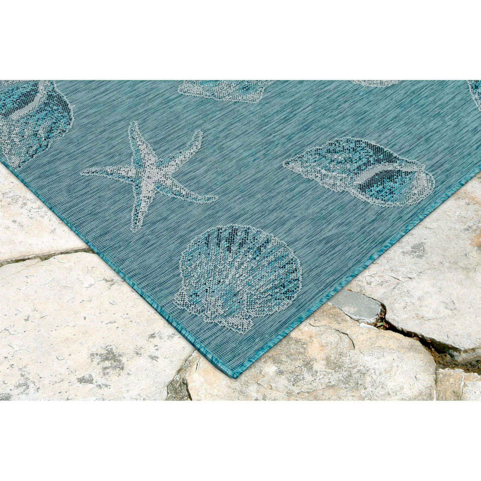Carmel Shells Indoor/Outdoor Rug, Aqua, 1'11"x7'6" Runner