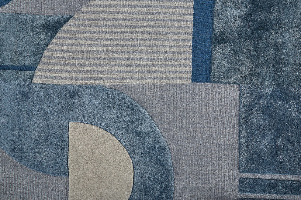 Weave & Wander Cutlor Art Deco Wool Rug, Aegean Blue/Gray/Ivory, 9ft x 12ft Rug