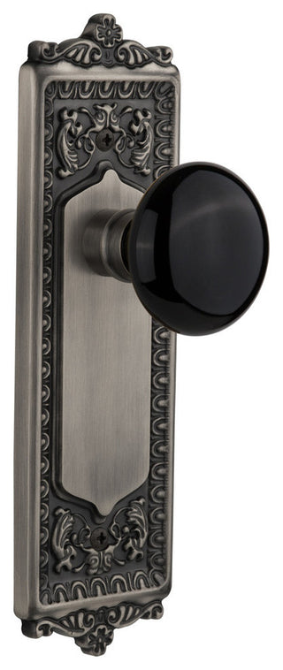 Egg & Dart Plate Passage Black Porcelain Knob, Antique Pewter