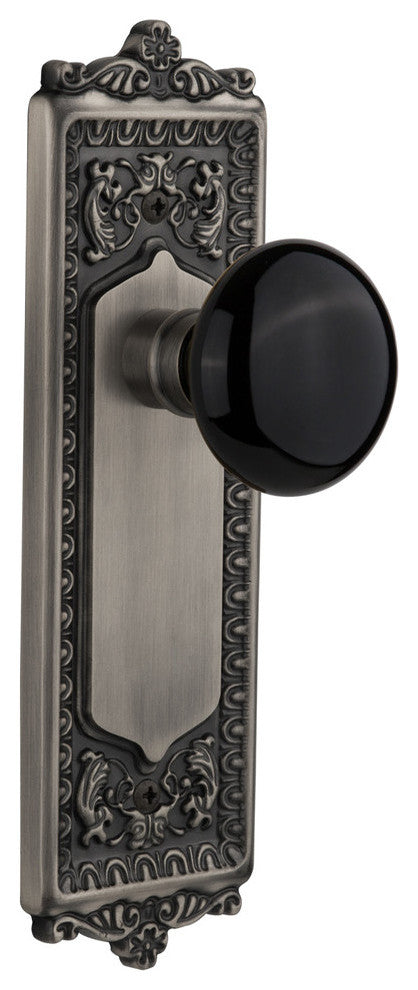 Egg & Dart Plate Passage Black Porcelain Knob, Antique Pewter