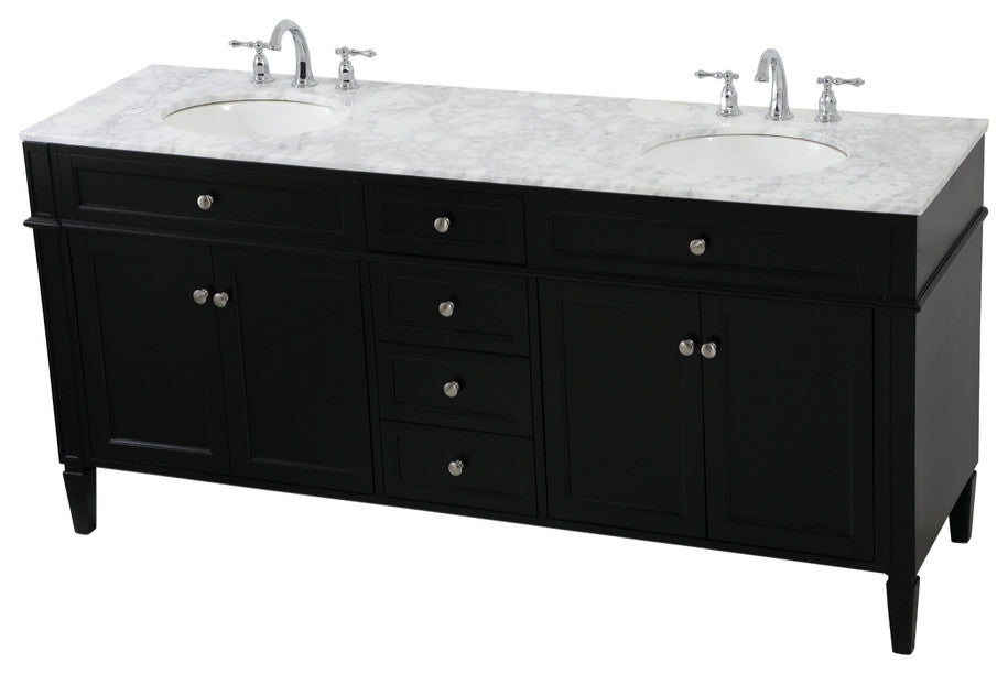 Home Living Vanity with Carrara White Marble Countertop, Black, 72", Double Sink