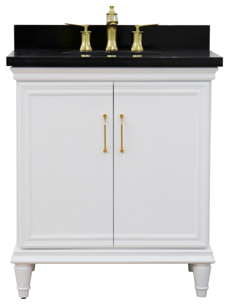 31" Single Vanity, White Finish With Black Galaxy And Oval Sink