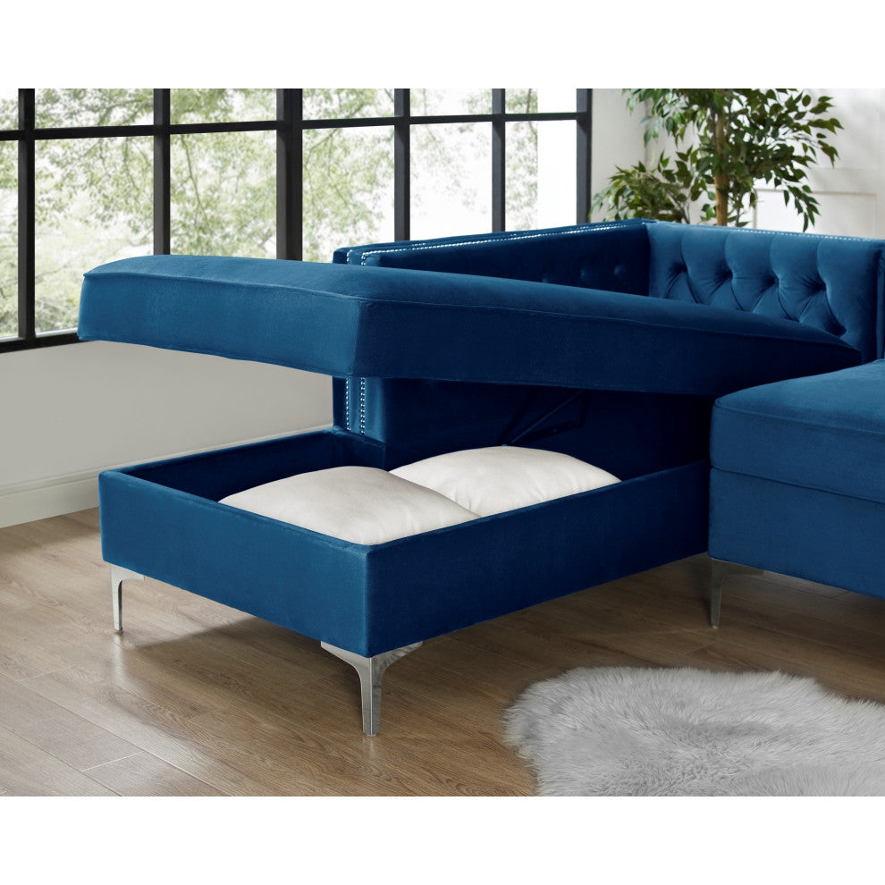 Jeannie Velvet Tufted With Nailhead Trim Sectional, Navy, Left Facing Chaise