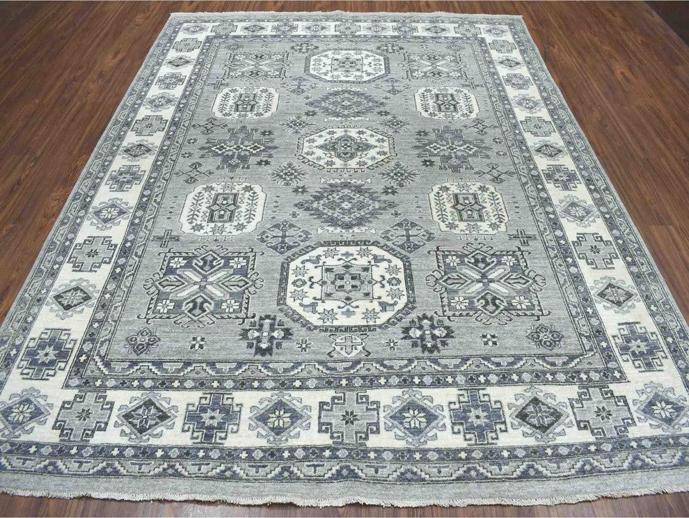 Gray Pure Wool Handknotted Peshawar With Karajeh Design Oriental Rug,8'0"x10'0"