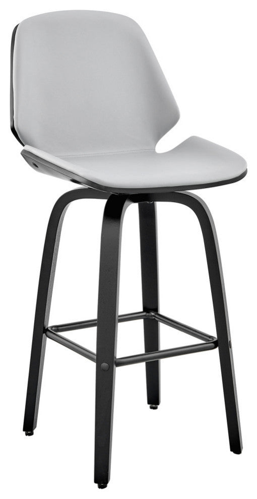 Arabela Faux Leather and Wood Swivel Bar Stool, Gray and Black