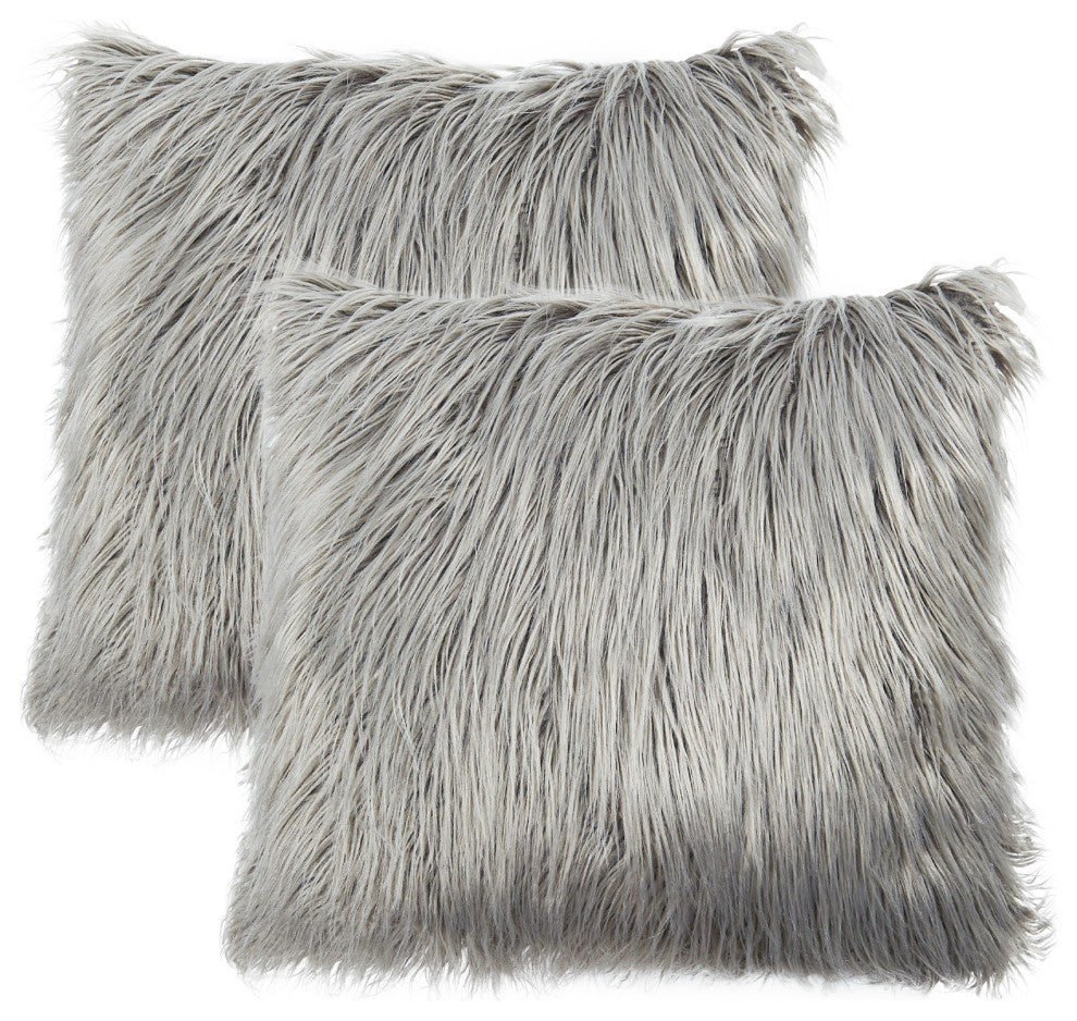 Mongolian Faux Fur Pillow Shell Set, Gray, 20"x20"