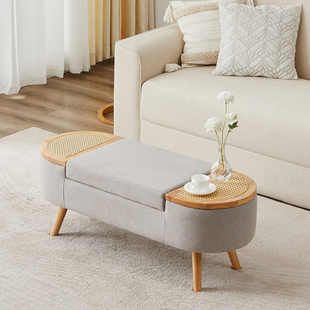 Wood Ottoman Storage Bench with Rattan,Linen Seat, Grey