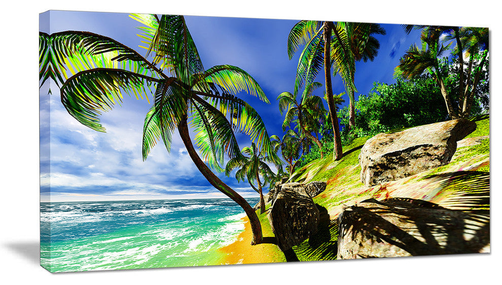 "Palms in Hawaii Island Beach" Modern Seascape Canvas Artwork, 32"x16"