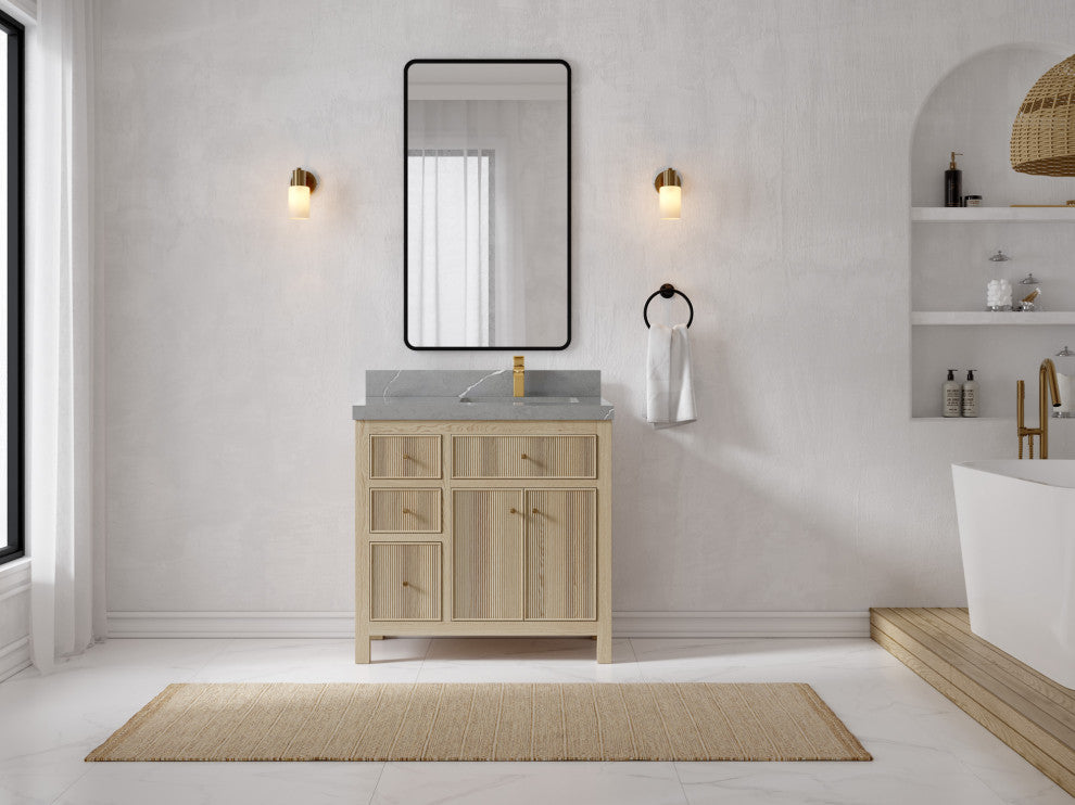 Sonoma Oak 36 Right Offset Bath Vanity with 2" Piatra Gray Quartz