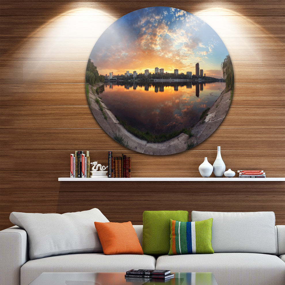 Long Summer Sunset In Yellow, Landscape Photo Round Metal Wall Art, 23"