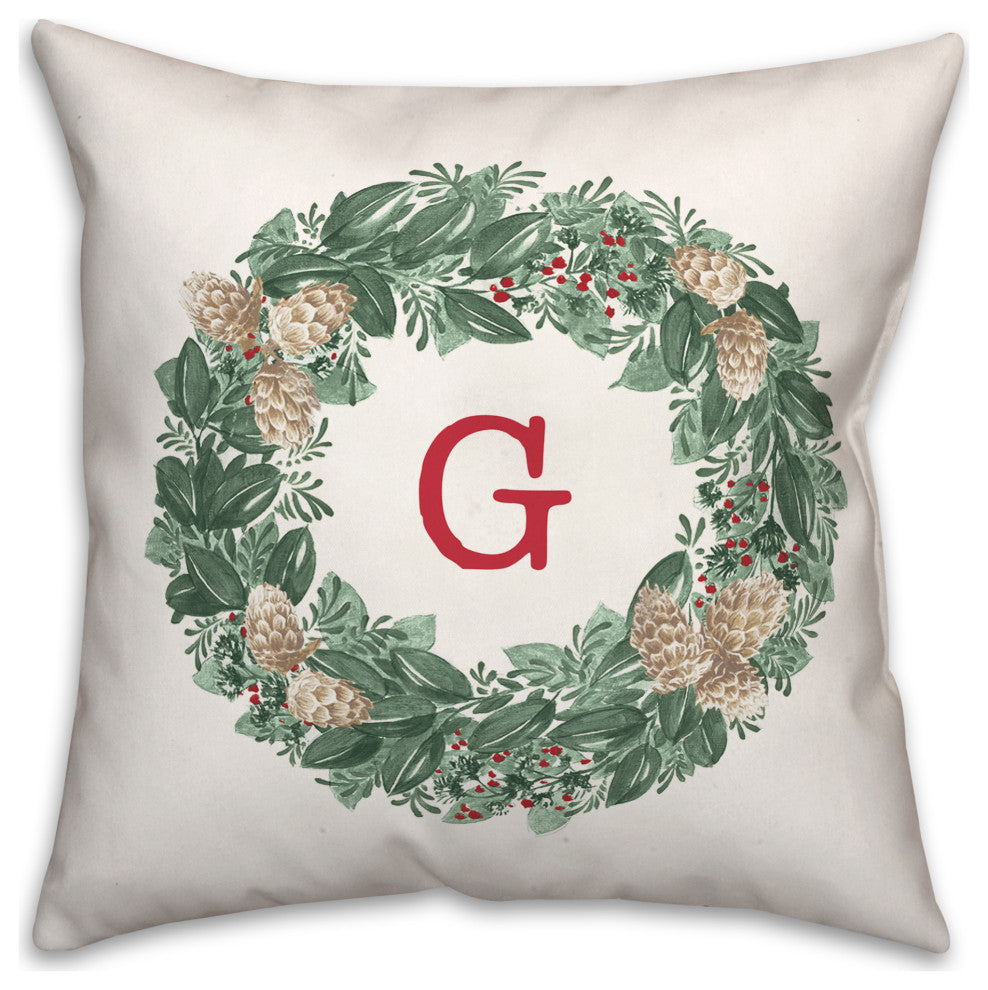 Christmas Wreath Monogram G 18x18 Spun Poly Pillow