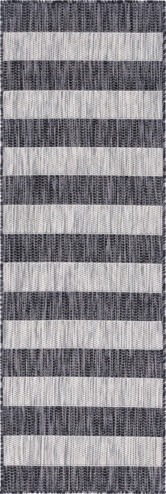 Unique Loom Aqua Blue Striped Outdoor Area Rug, Charcoal Gray, Gray, 2' X 6'