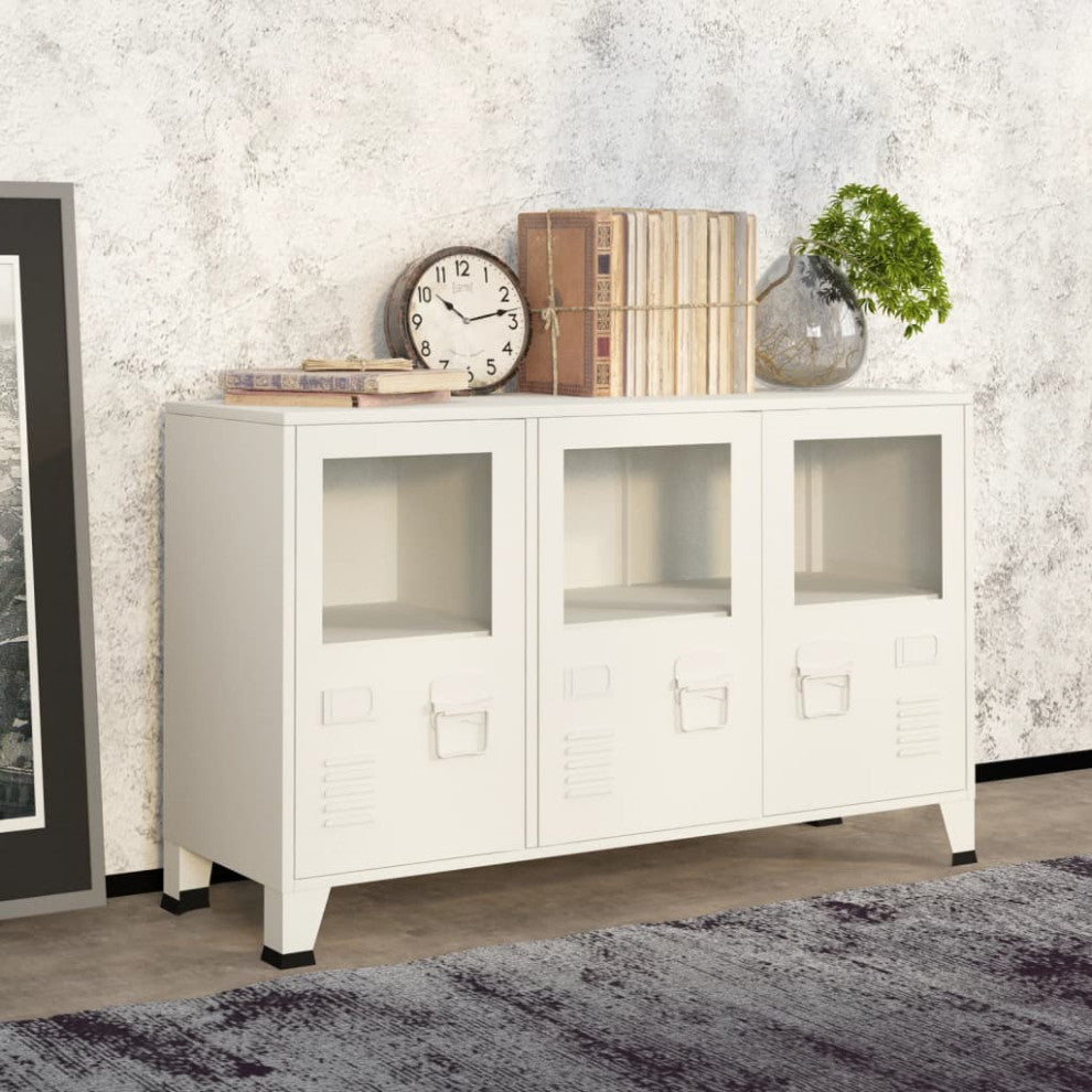 vidaXL Sideboard Industrial Storage Cabinet with Handle White Metal and Glass