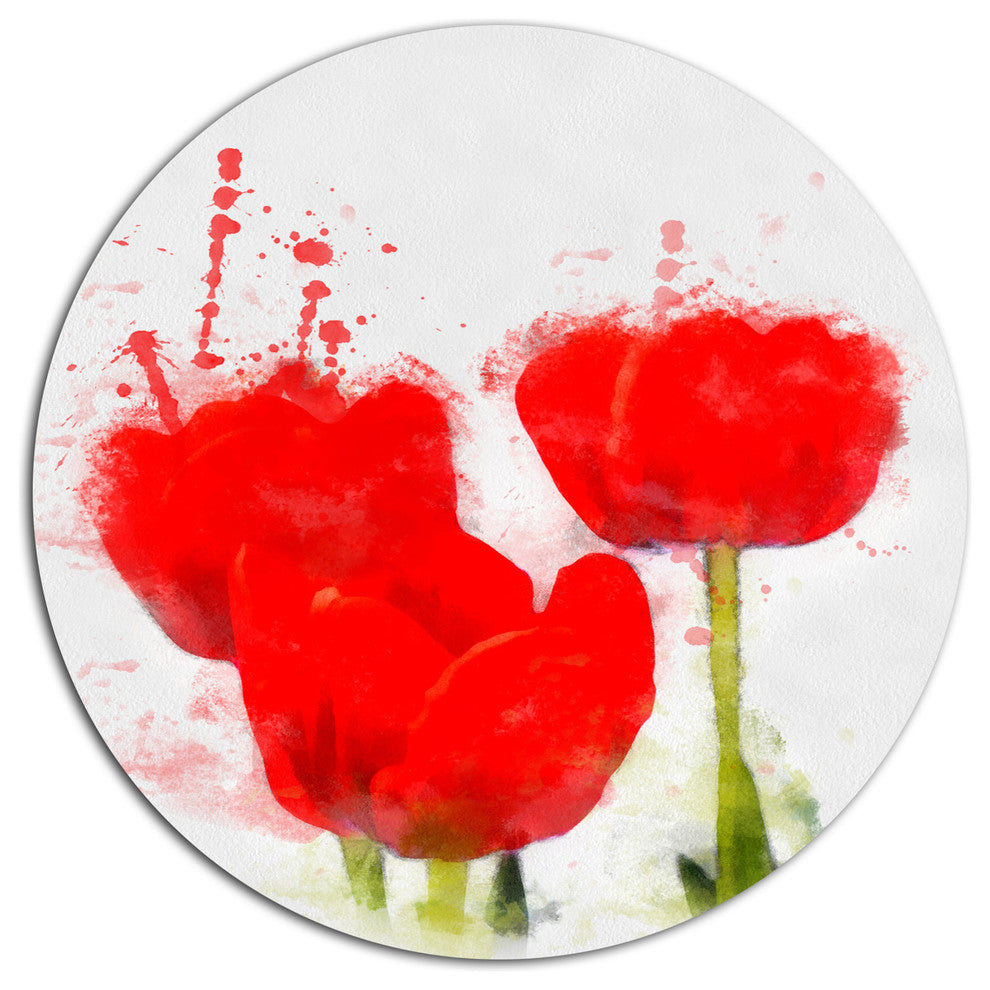 Bright Red Tulip Flowers With Splashes, Floral Round Metal Artwork, 36"