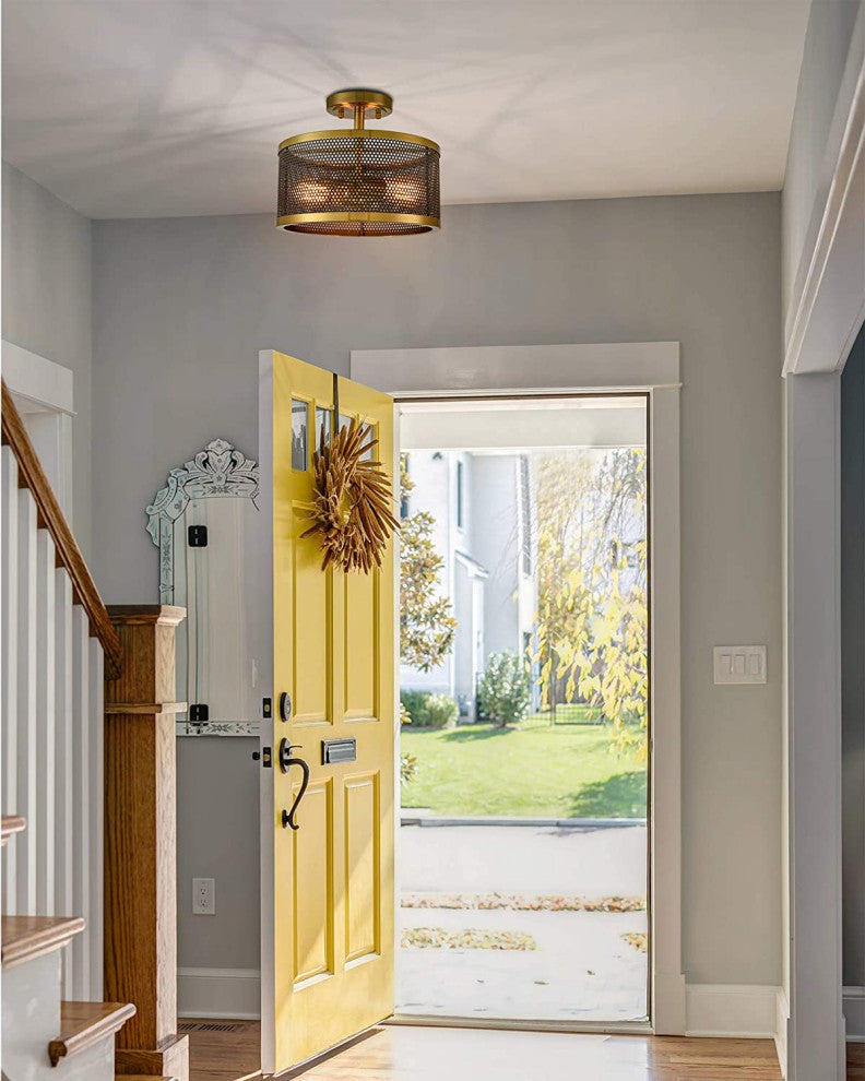 2 Light Gold Flush Mount Ceiling Light, Mesh Brass