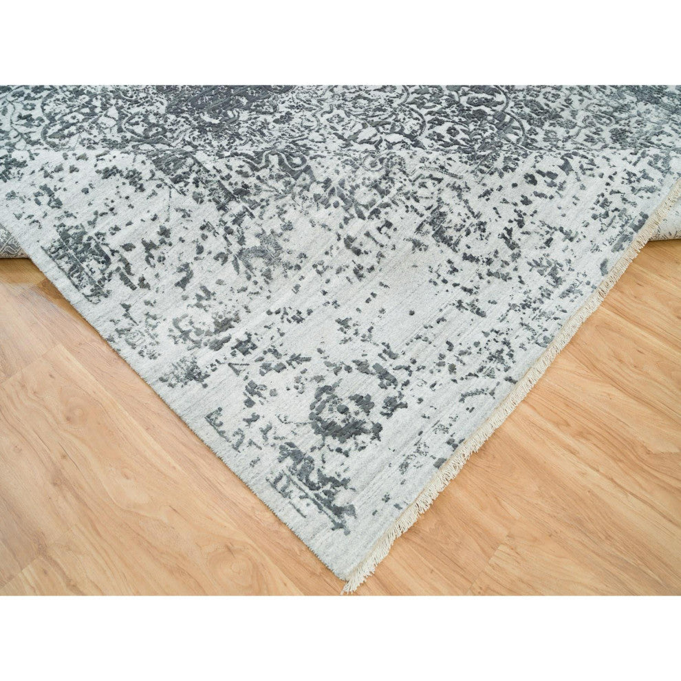 Ice Gray Wool and Silk Broken Design Hand Knotted Oriental Rug, 9'x12'2"