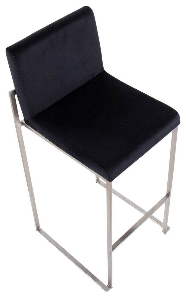 Fuji High Back Barstool, Stainless Steel/Black Velvet, Set of 2