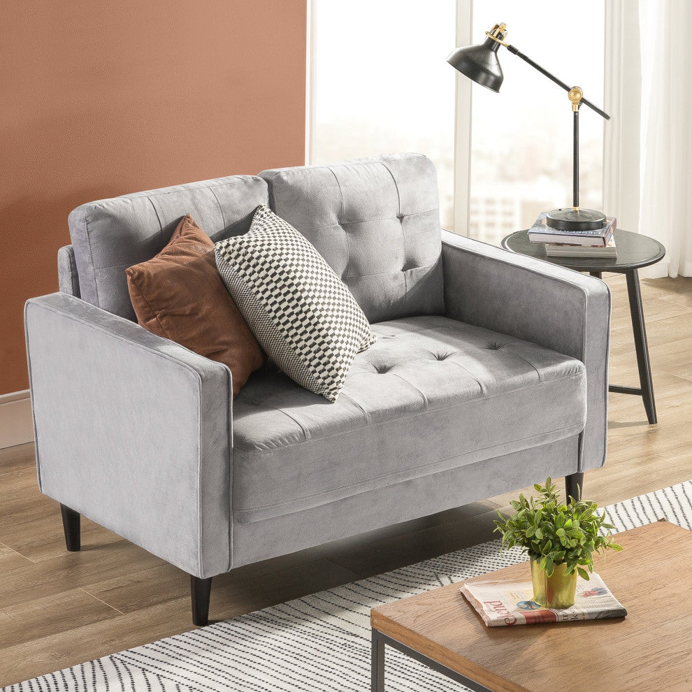 Comfortable Loveseat, Tapered Legs & Deep Tufted Seat With Track Arms, Gray