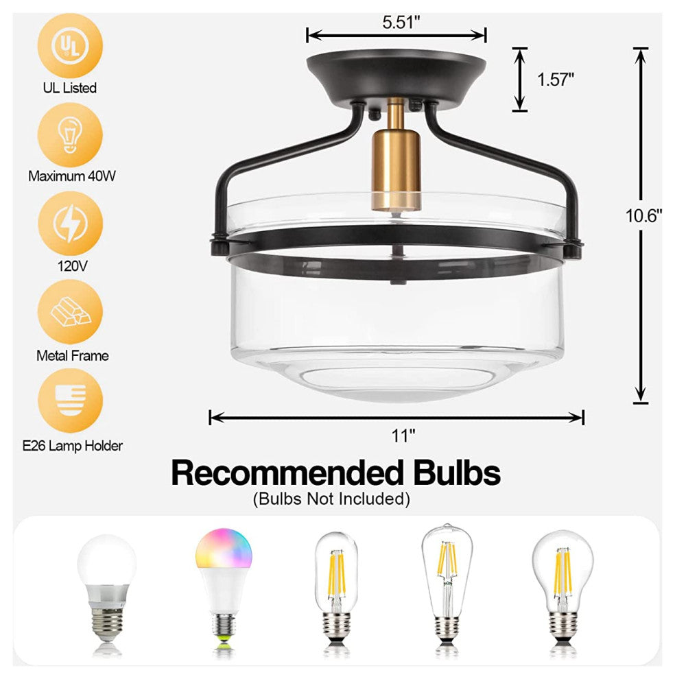 Industrial Semi Flush Mount Ceiling Light Fixture, Farmhouse, Black