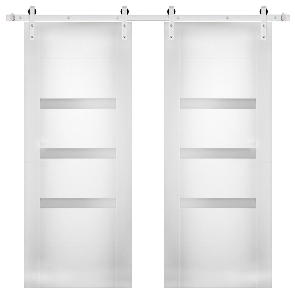 Double Barn Doors Opaque Glass / Sete 6900 White Silk / Silver 13FT Rail, 60" X 80" ( 2* 30x80)