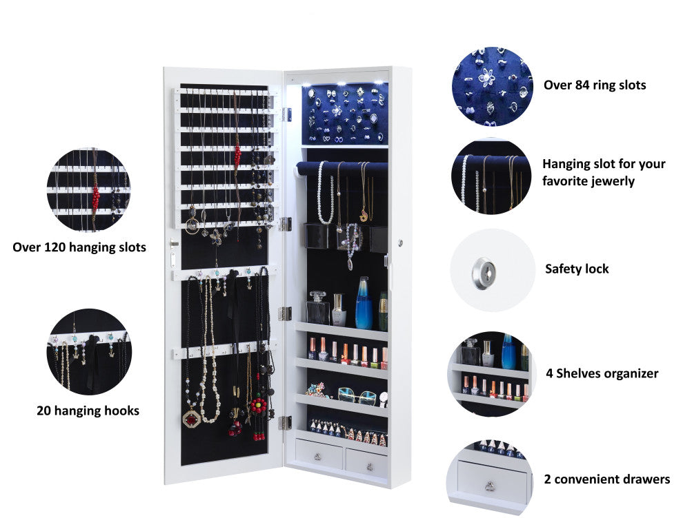 Door/Wall Jewelry Cabinet With Mirror, LED Light