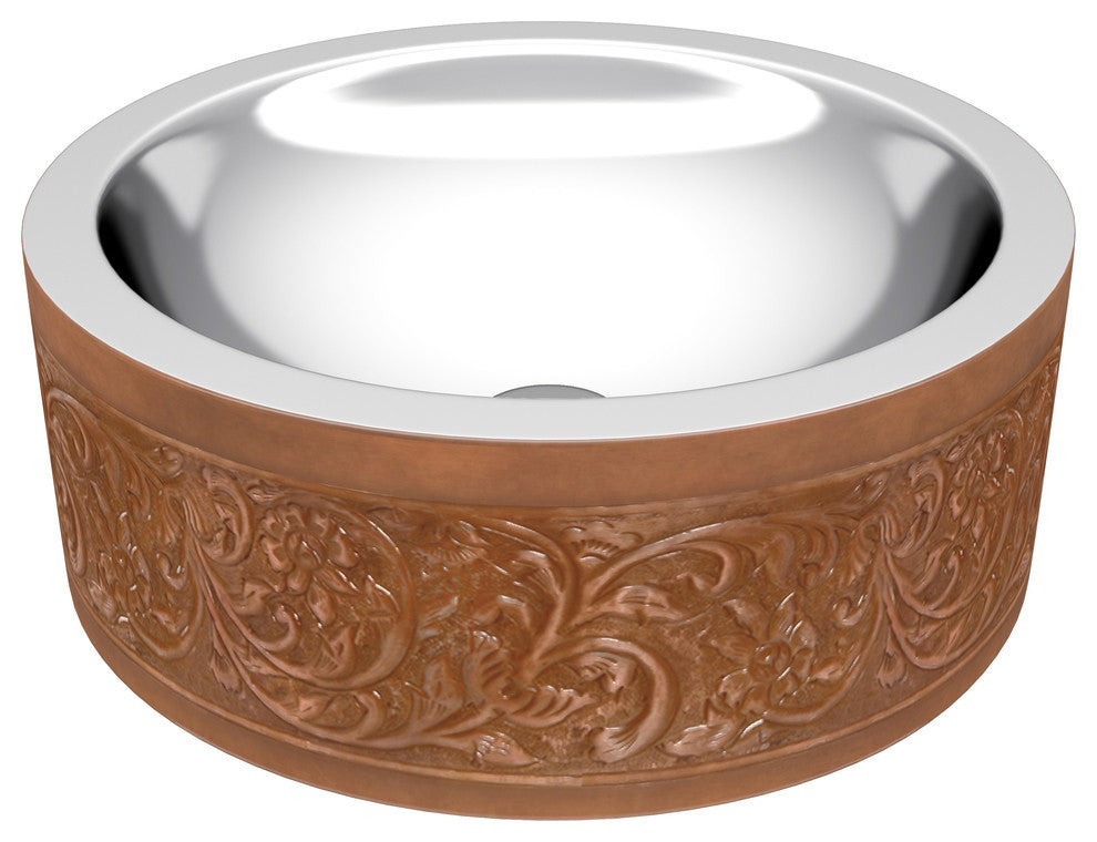 Fleet 16" Handmade Sink, Polished Antique Copper, Floral Design Exterior