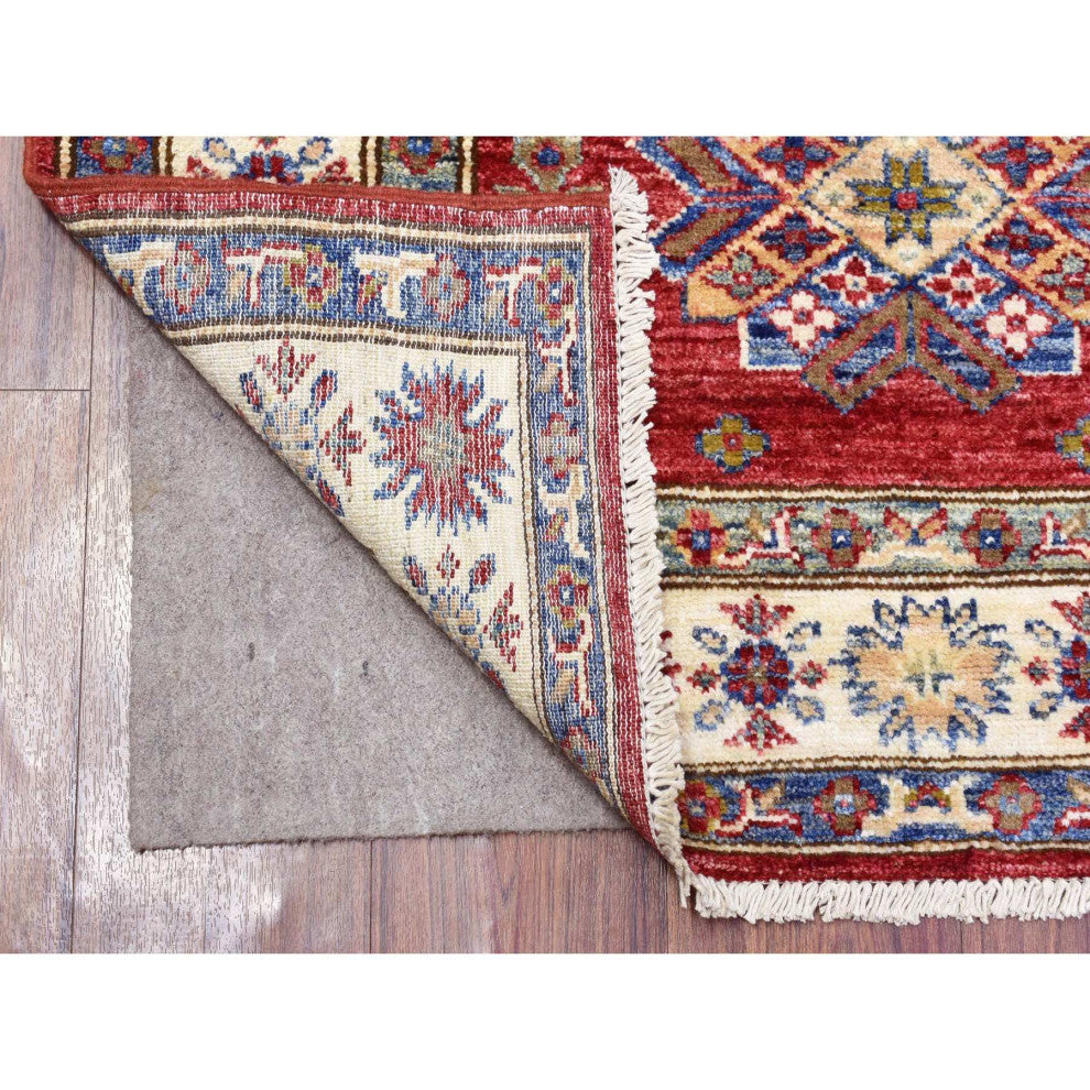 Red Hand Knotted Wool, Super Kazak Geometric Medallion, Runner Rug, 3'0"x11'0"