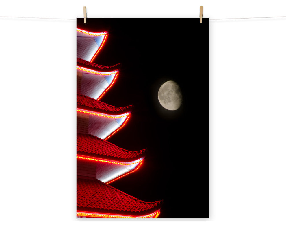 Moon Over Pagoda 1 Night Urban Photograph Unframed Wall Art Print, 16" X 20"
