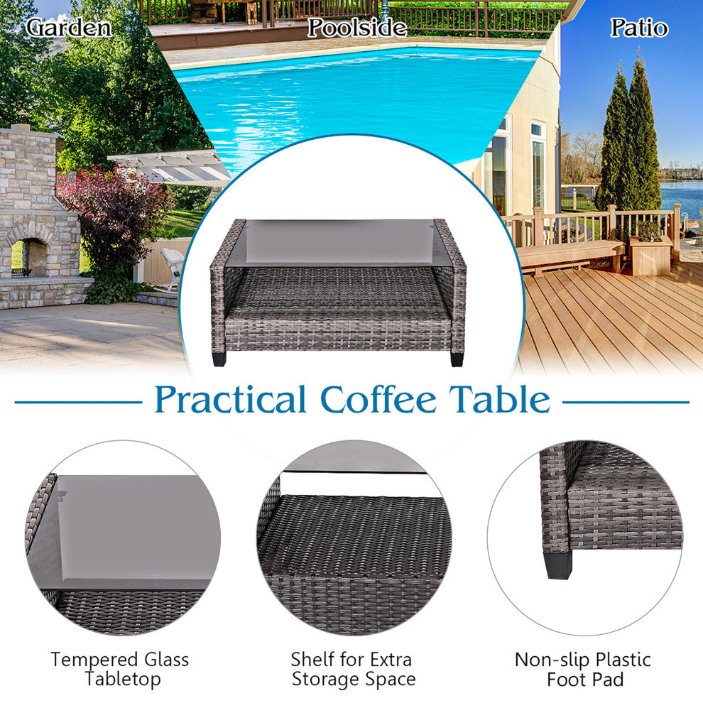 Costway 4PCS Patio Rattan Furniture Set Coffee Table Cushioned Sofa Garden Gray