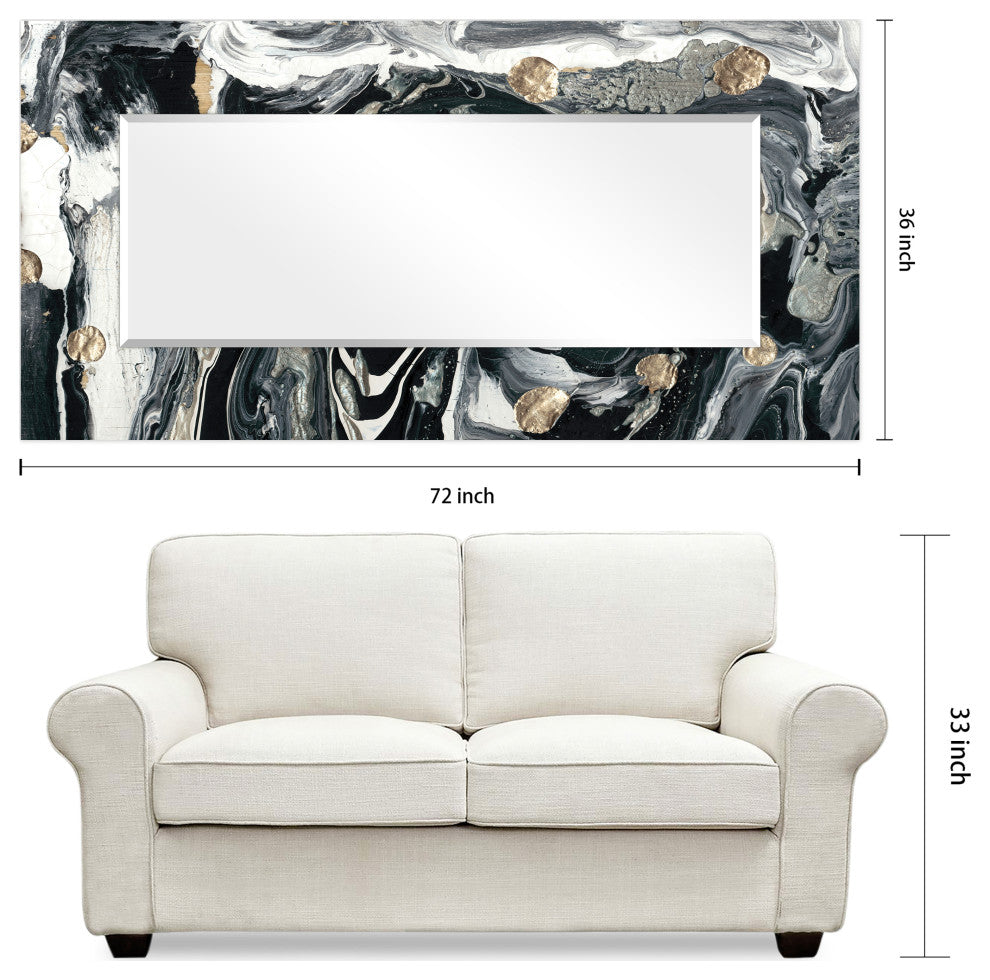 Abstract Rectangular Beveled Mirror on Free Floating Printed Tempered Art Glass